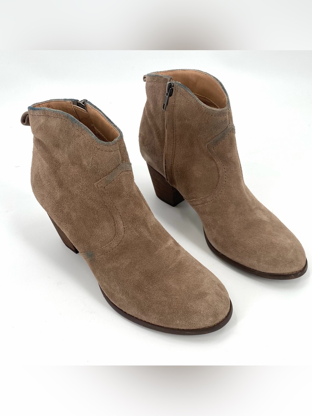 Lands End Booties Womens 9 Taupe Suede Leather Ankle Boots Boho - Denim Stains